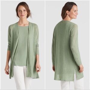 Eileen Fisher Pointelle Knit Pistachio Sage Green Open Front Hemp Blend Cardigan